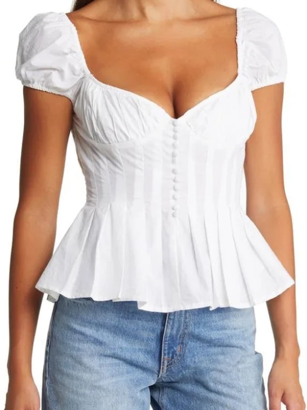 Bardot White Puff-Sleeve Peplum Corset Top